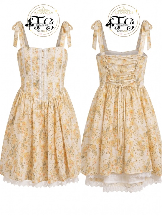 None Dresses & Skirts - Floral Lace-Up Mini Dress in Soft Yellow